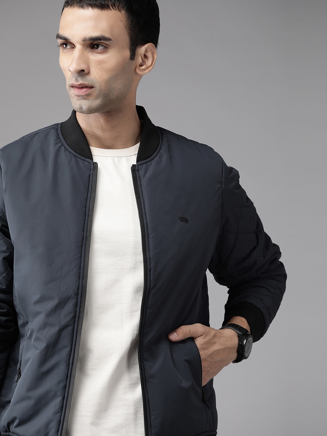 

Roadster Men Navy Blue Solid Bomber Jacket