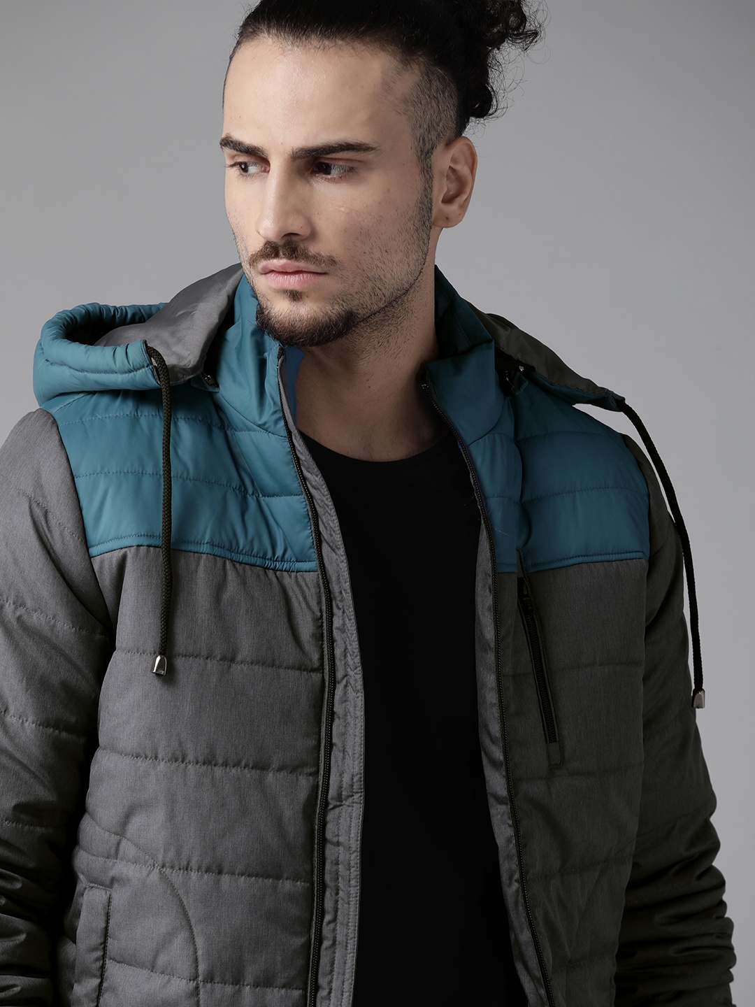 

Roadster Men Charcoal Grey & Teal Blue Colourblocked Padded Jacket