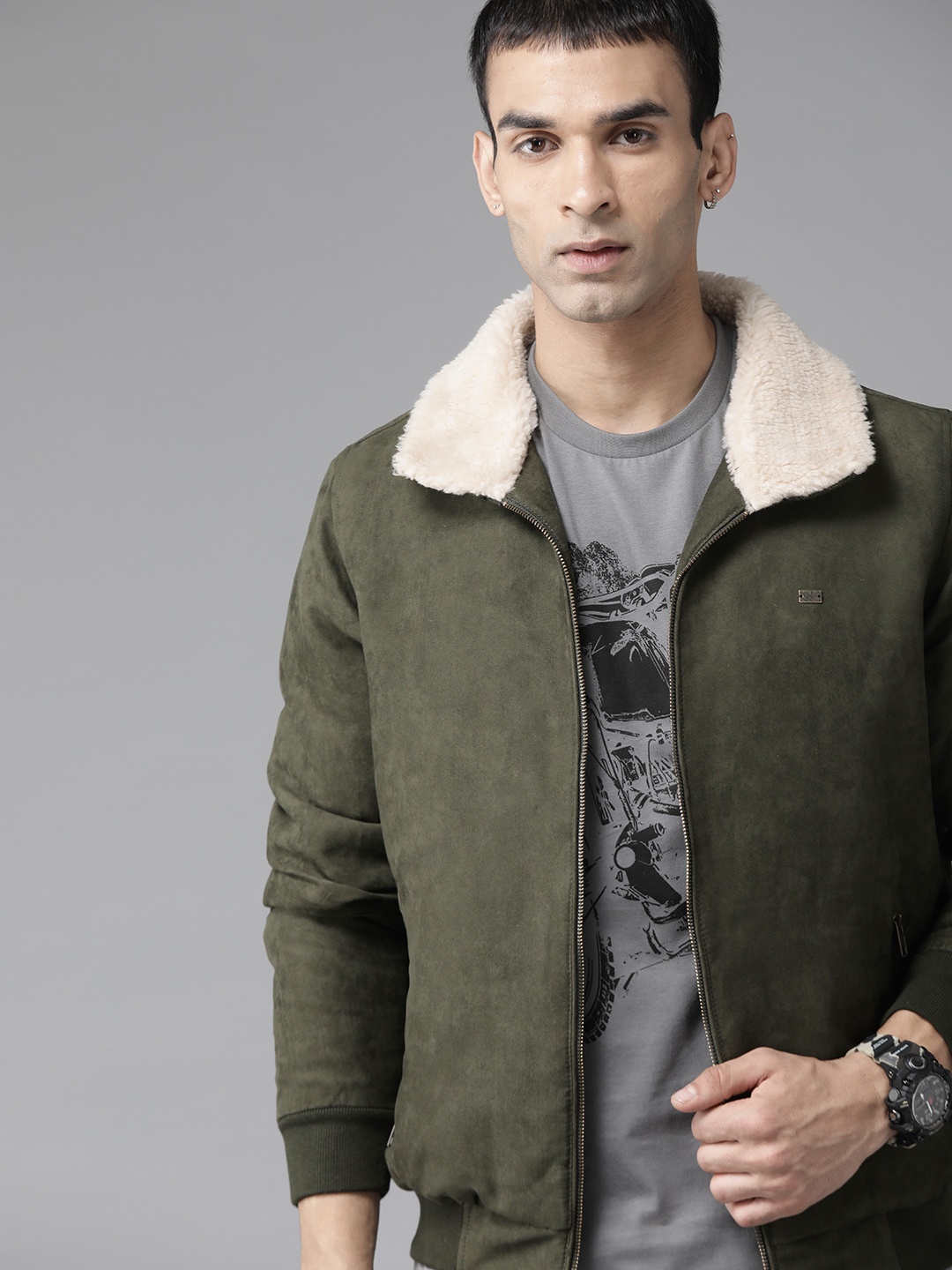 

Roadster Men Olive Green Suede Finish Solid Bomber Jacket with Faux Fur Trim