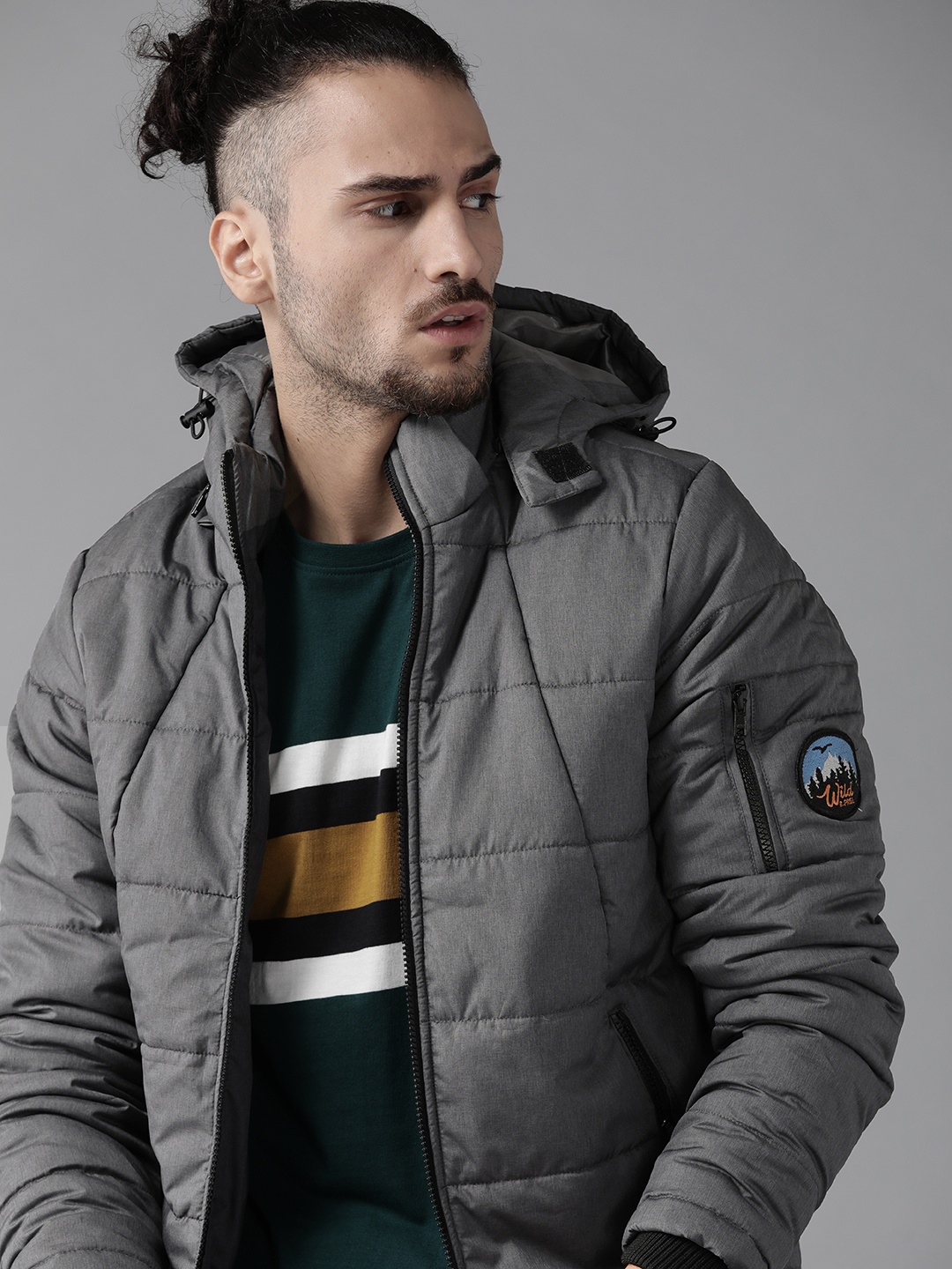 

Roadster Men Charcoal Grey Solid Padded Jacket