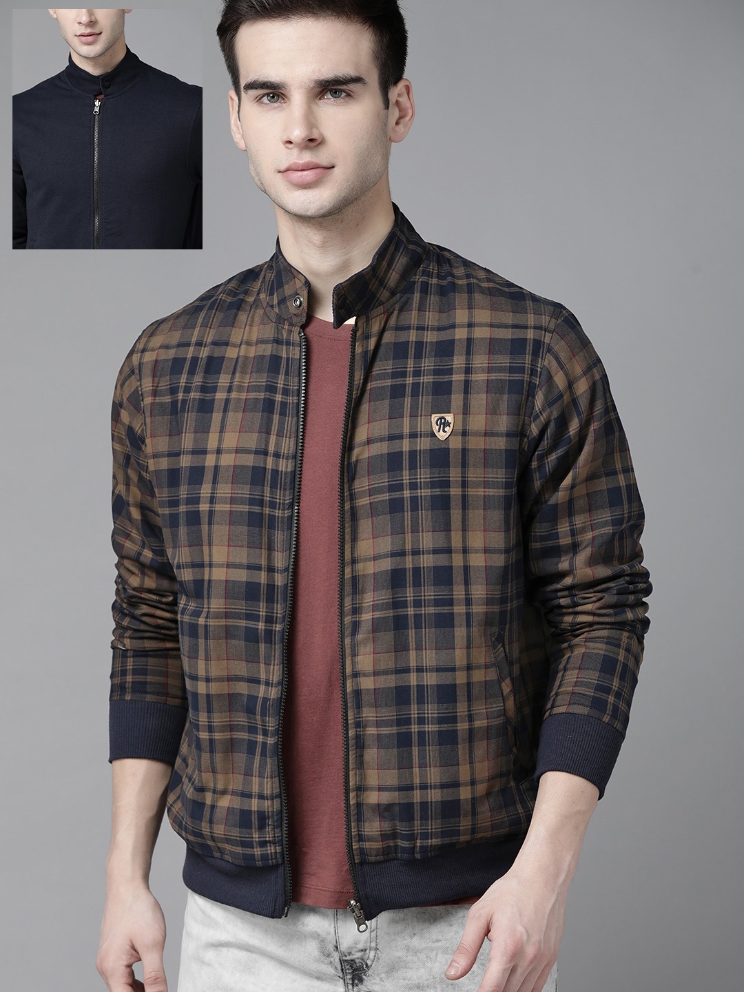 

Roadster Men Olive Brown & Navy Blue Checked Reversible Bomber Jacket, Taupe