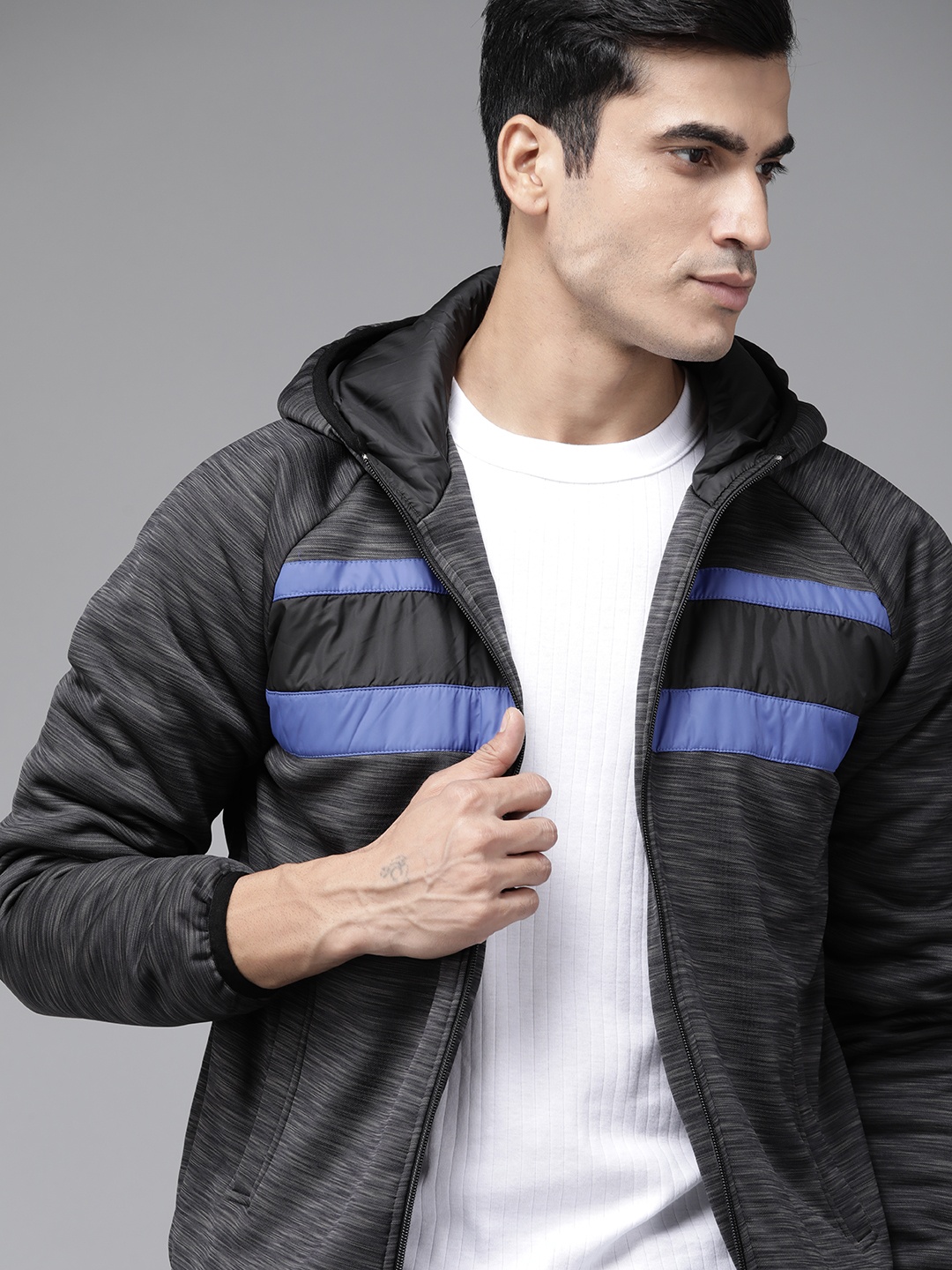 

Roadster Men Charcoal Grey & Blue Striped Hooded Padded Jacket