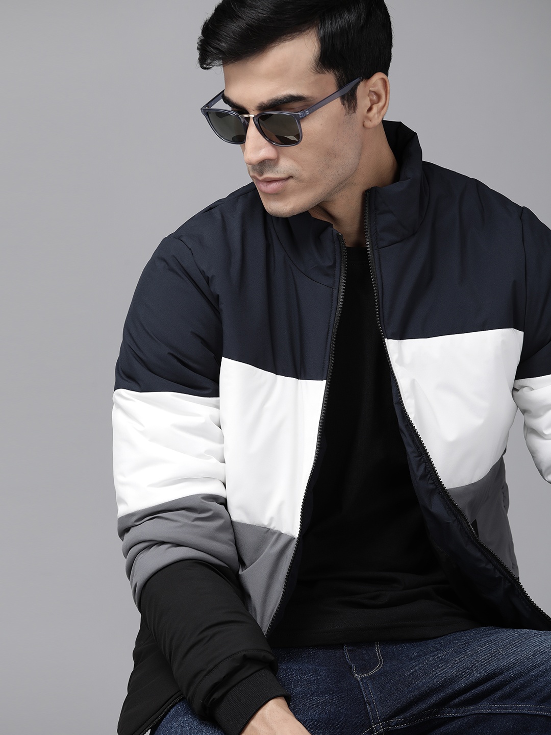 

Roadster Men Navy Blue & White Colourblocked Padded Jacket