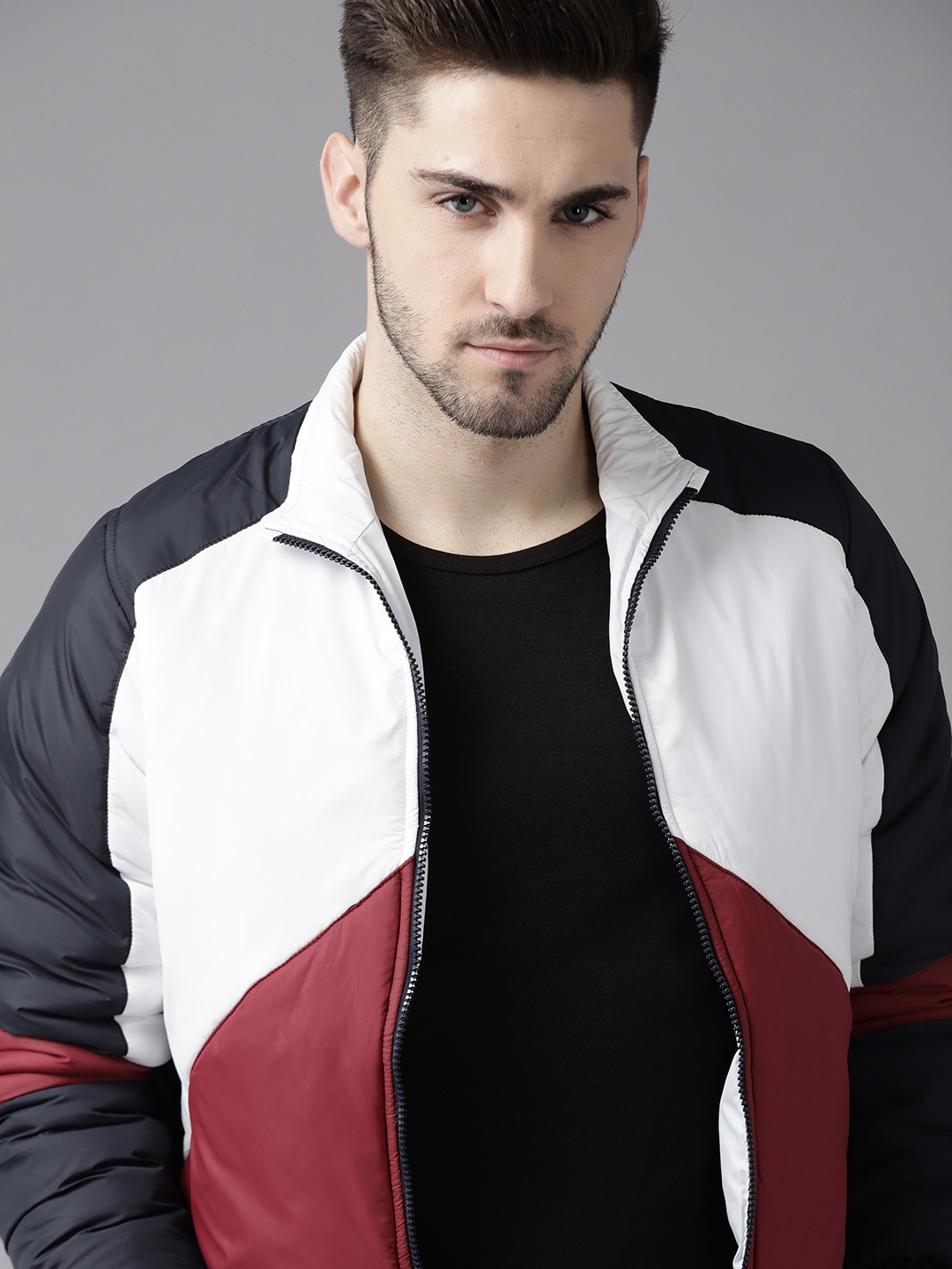 

Roadster Men White & Maroon Colourblocked Padded Jacket