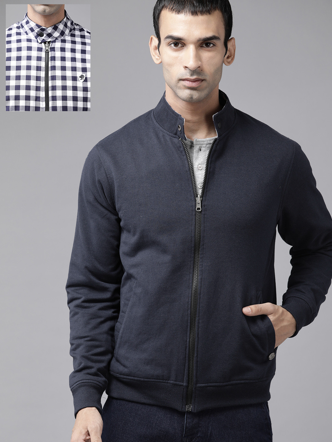

Roadster Men Navy & White Checked Reversible Tailored Jacket, Navy blue