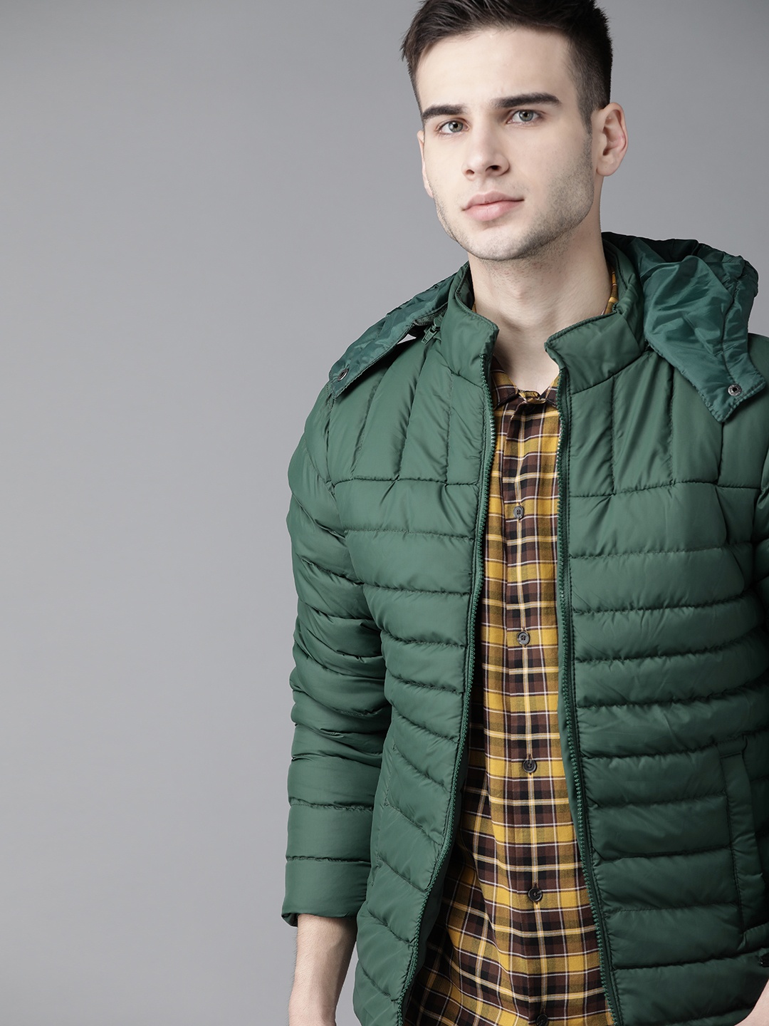 

Roadster Men Green Hooded Padded Jacket