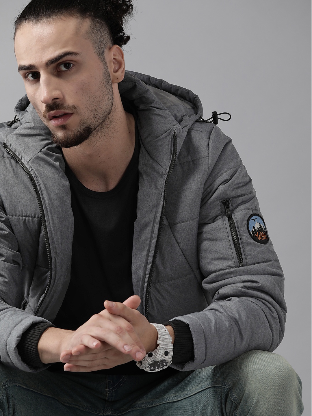 

Roadster Men Charcoal Grey Solid Padded Jacket