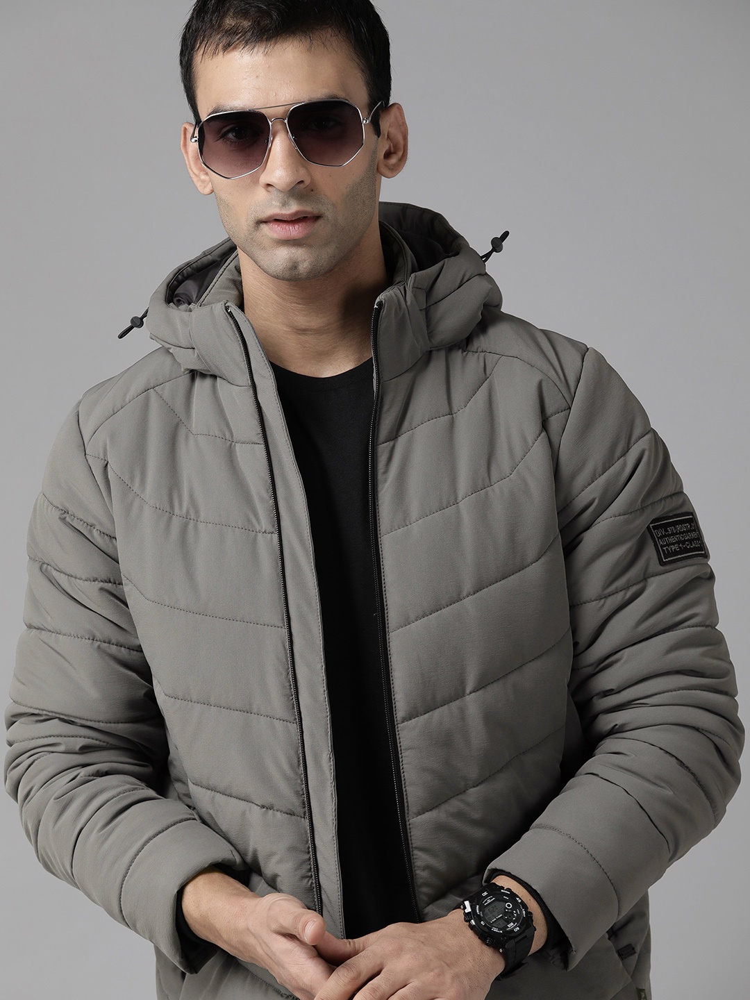 

Roadster Men Grey Solid Padded Jacket with Detachable Hood