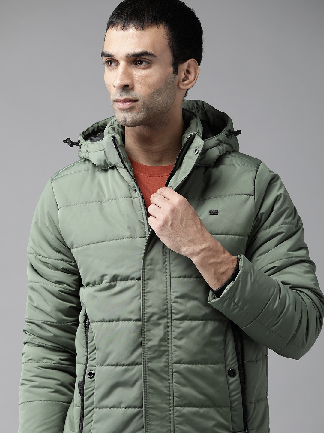 

Roadster Men Olive Green Solid Hooded Padded Jacket