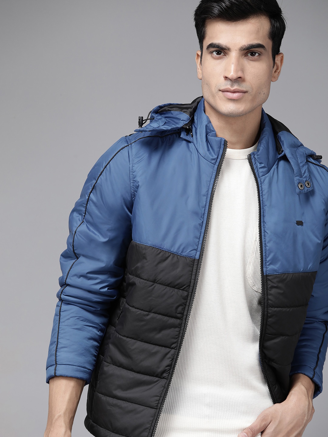 

Roadster Men Blue & Black Colourblocked Hooded Padded Jacket