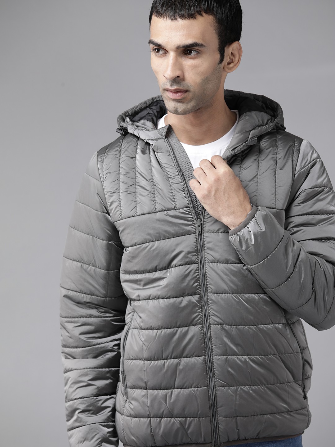 

Roadster Men Grey Solid Hooded Padded Jacket