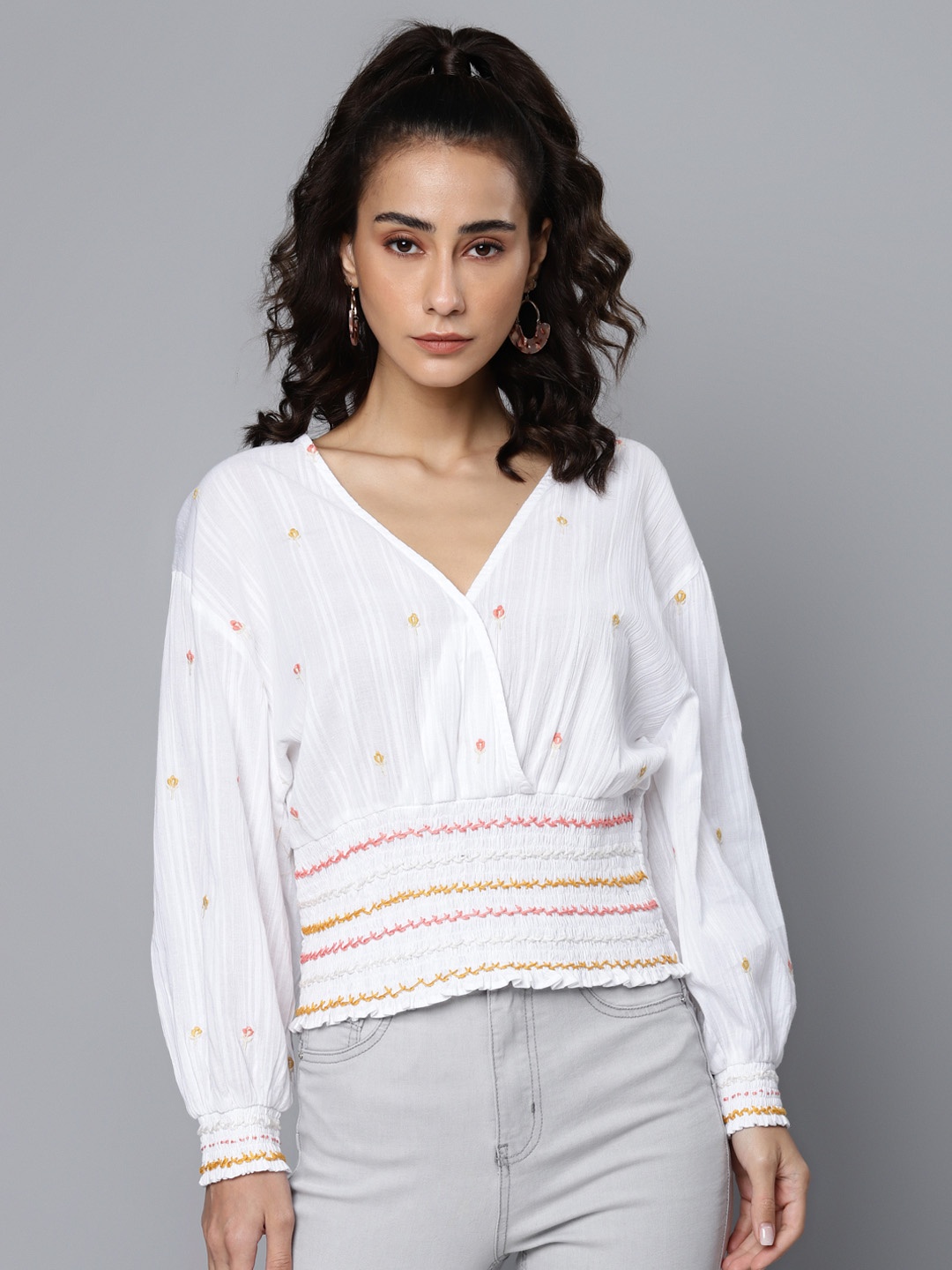 SCOUP White Pure Cotton Embroidered Dobby Bohemian Wrap Top