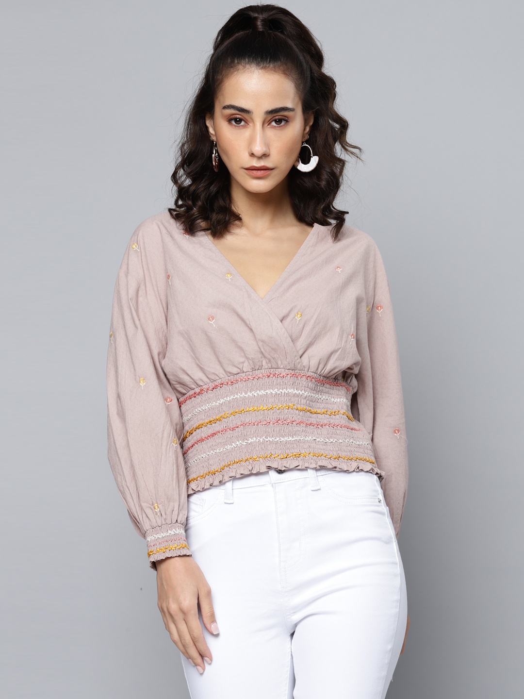 

SCOUP Taupe Pure Cotton Embroidered Dobby Bohemian Wrap Top
