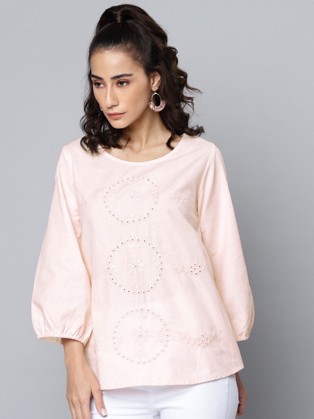 

SCOUP Pink Schiffli Embroidered Cotton Linen Regular Top