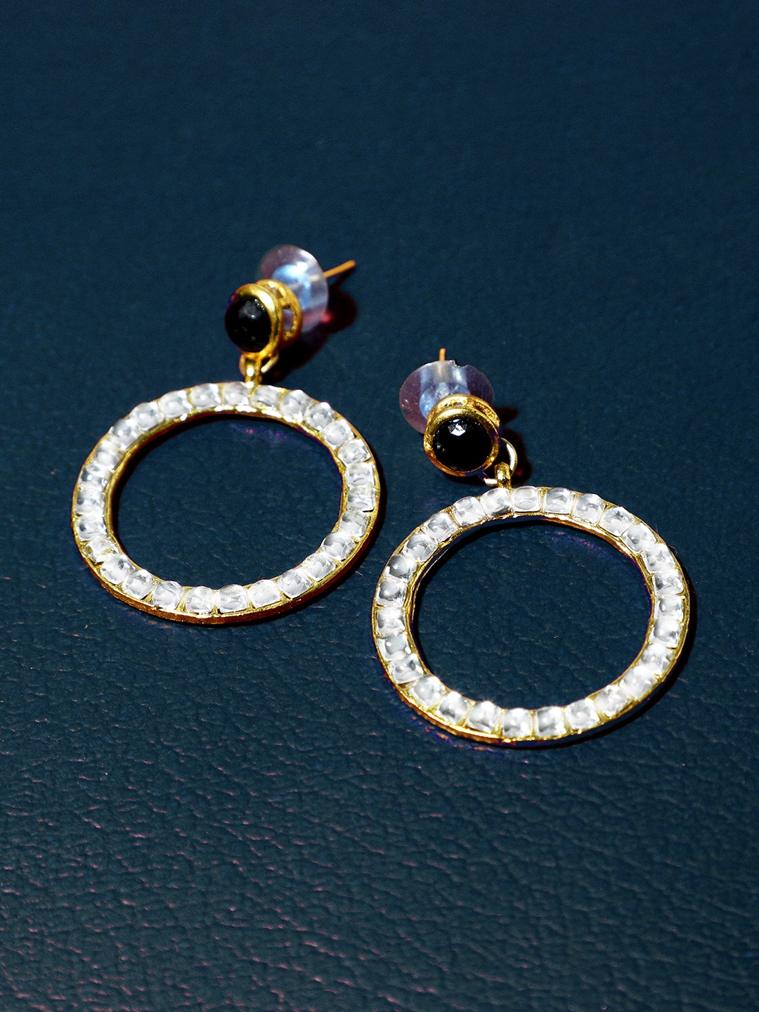 

KARATCART Gold-Plated Black & White Circular Drop Earrings