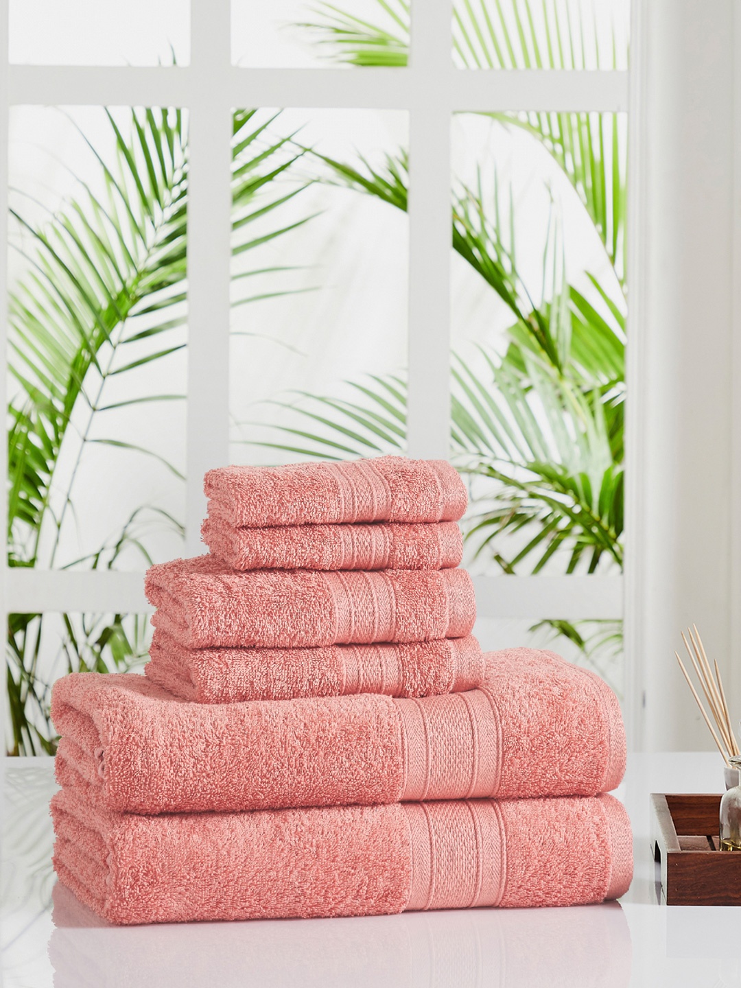 

MYTRIDENT Set Of 6 Coral Pink Solid 500 GSM Soft Plush Pure Cotton Towels