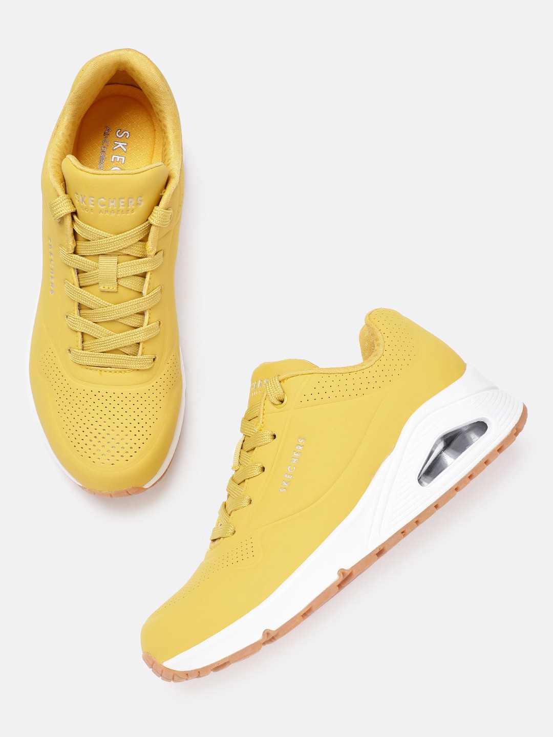 

Skechers Women Mustard Yellow Uno-Stand On Air Sneakers with Perforation Detail