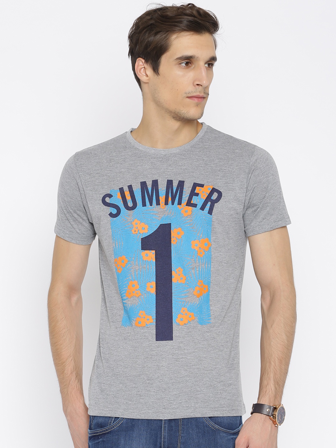 

The Indian Garage Co. Men Grey Melange Printed Round Neck T-Shirt