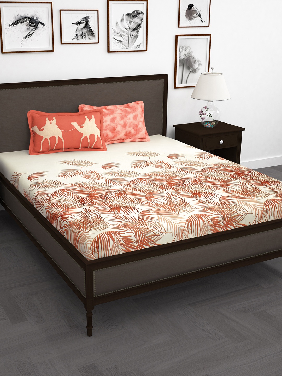 Story@home Floral 240TC Cotton 1 King Bedsheet with 2 Pillow Covers, Peach