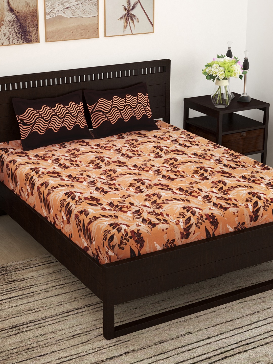 

Story@home Brown & Peach-Coloured Floral Cotton 1 Queen Bedsheet with 2 Pillow Covers