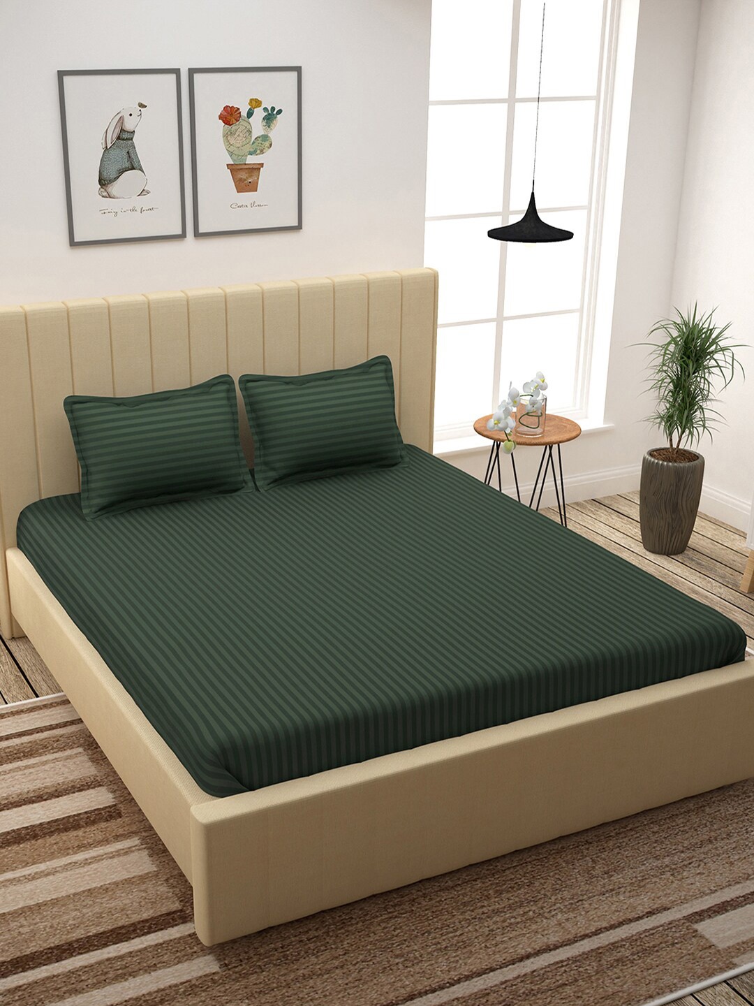 

Story@home Green Self-Striped 300 TC Cotton 1 King Bedsheet with 2 Pillow Covers
