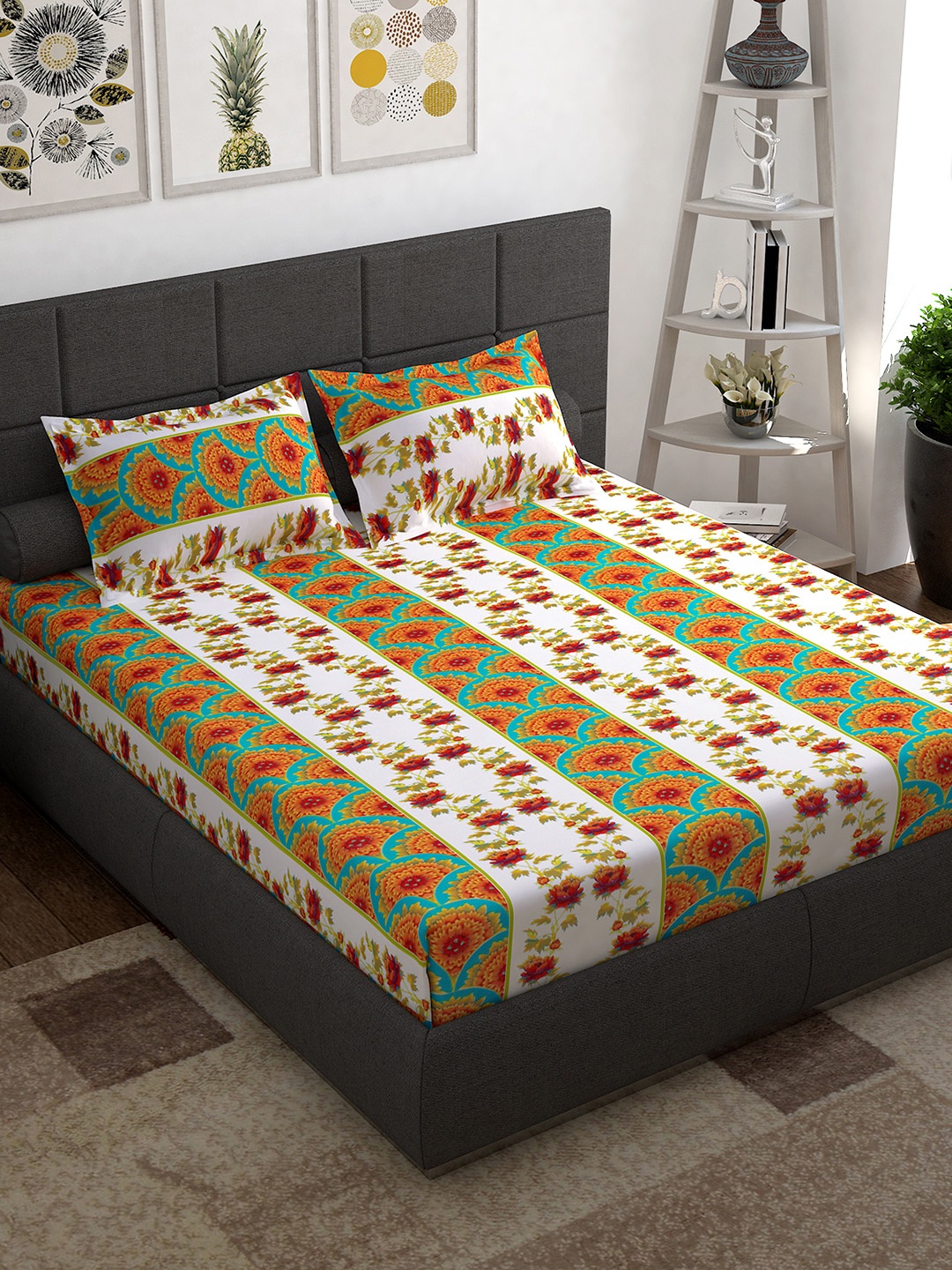 

Story@home White & Turquoise Blue Ethnic Motifs 152 TC Cotton 1 Queen Bedsheet with 2 Pillow Covers