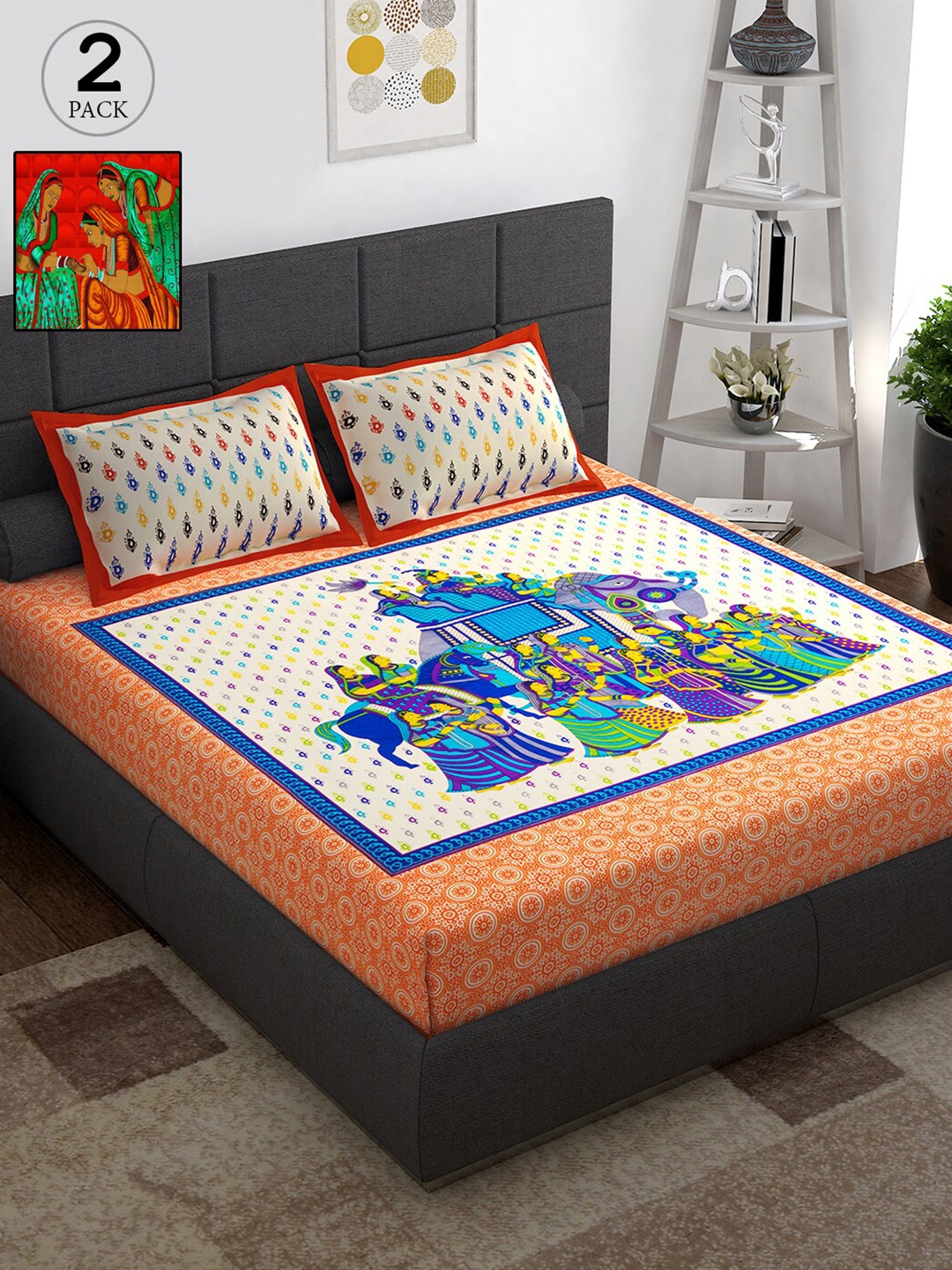 

Story@home Unisex Orange Graphic 2 Double / Queen Bedsheet With 4 Pillow Cover