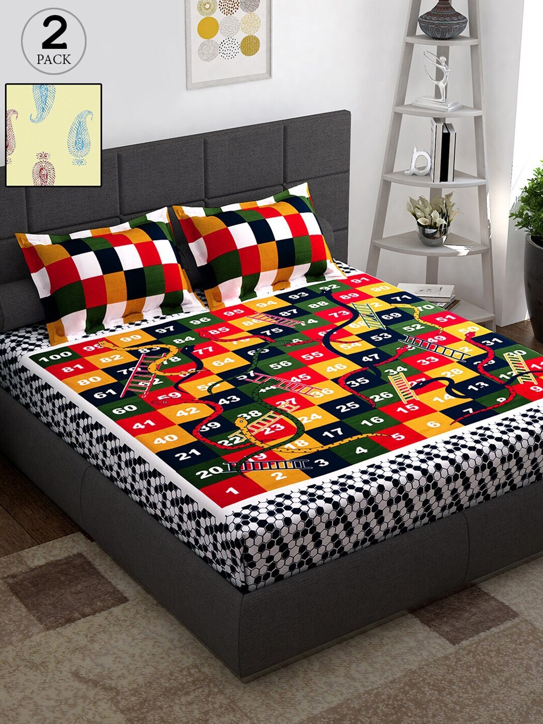 

Story@home Multicoloured & Navy Blue Graphic 152 TC Cotton 2 Queen Bedsheet with 4 Pillow Covers, Multi