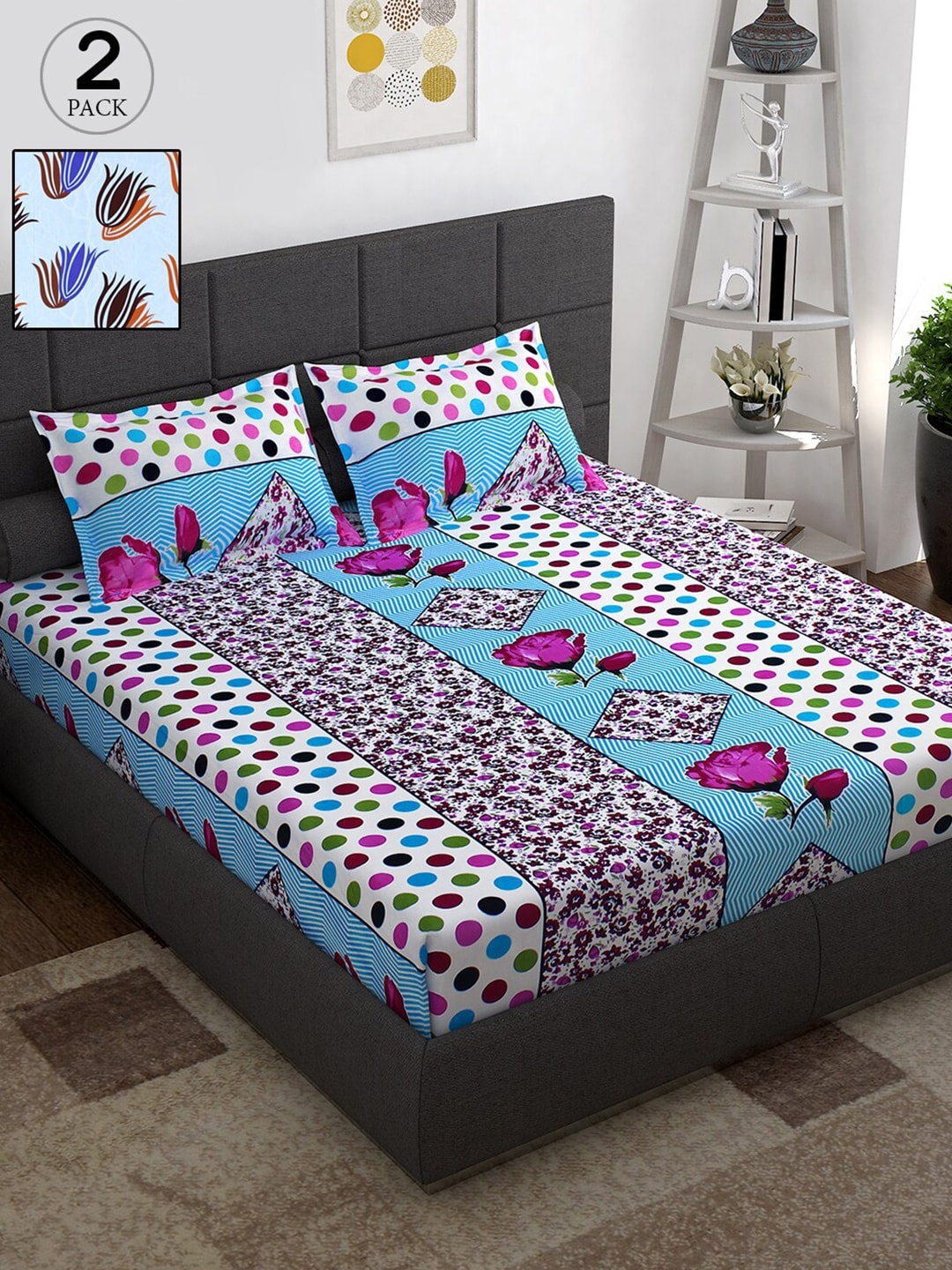 

Story@home Pack of 2 Floral 152 TC Cotton 2 Queen Bedsheet with 4 Pillow Covers, White