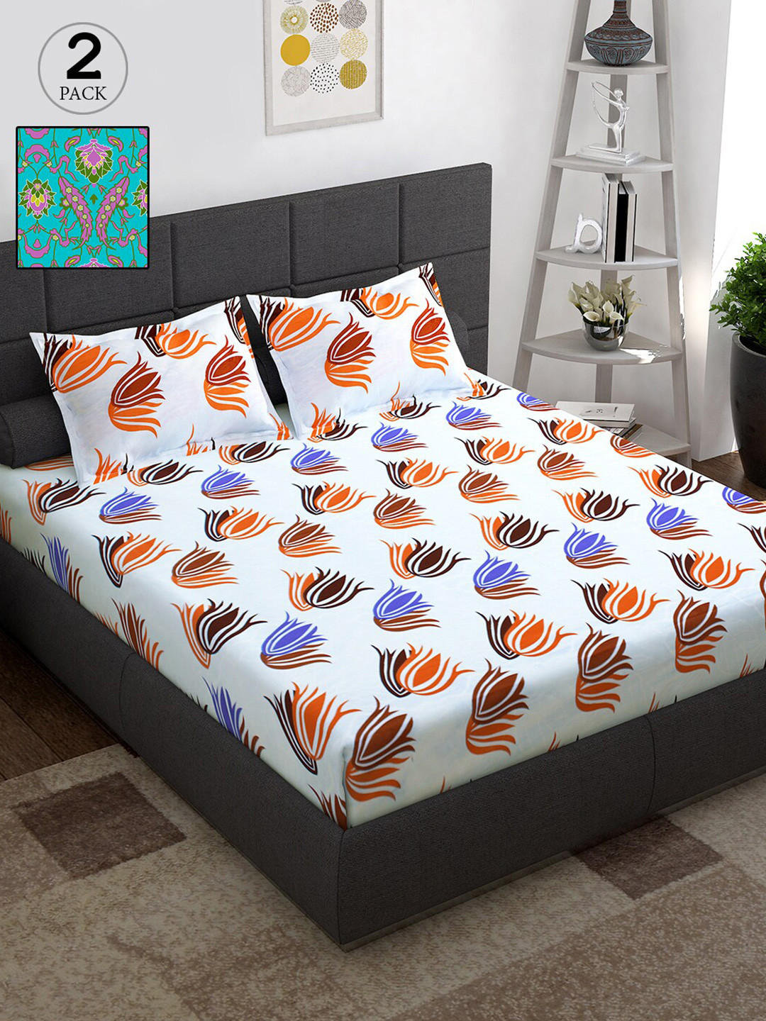 

Story@home White Abstract 2 Double / Queen Bedsheet With 4 Pillow Cover