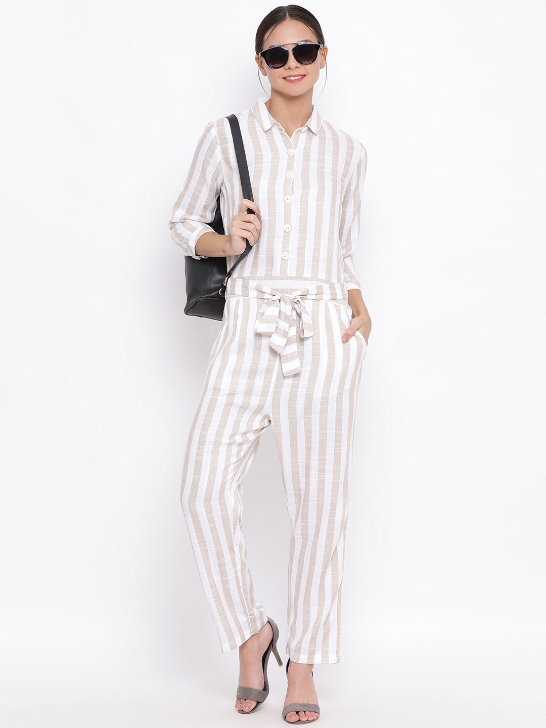 

Crimsoune Club White & Grey Striped Cotton Basic Jumpsuit