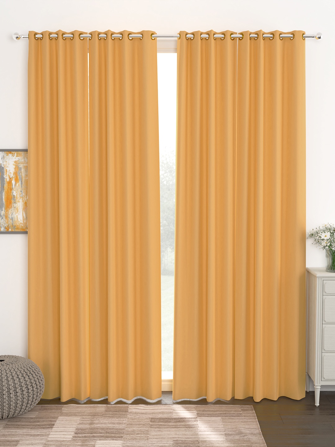 

Story@Home Faux Silk Solid Solid 300GSM Mustard Room Darkening Blackout Long Door Curtain - Set Of 4