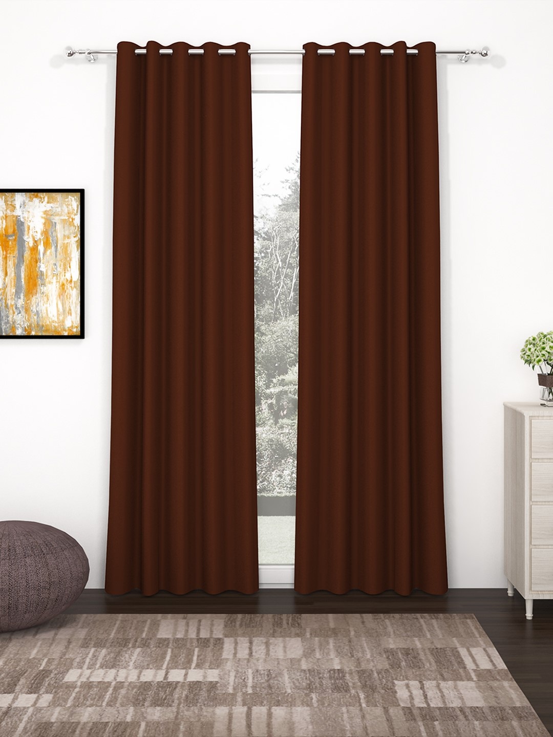 

Story@Home Faux Silk Solid Solid 300GSM Brown Room Darkening Blackout Long Door Curtain - Set of 2