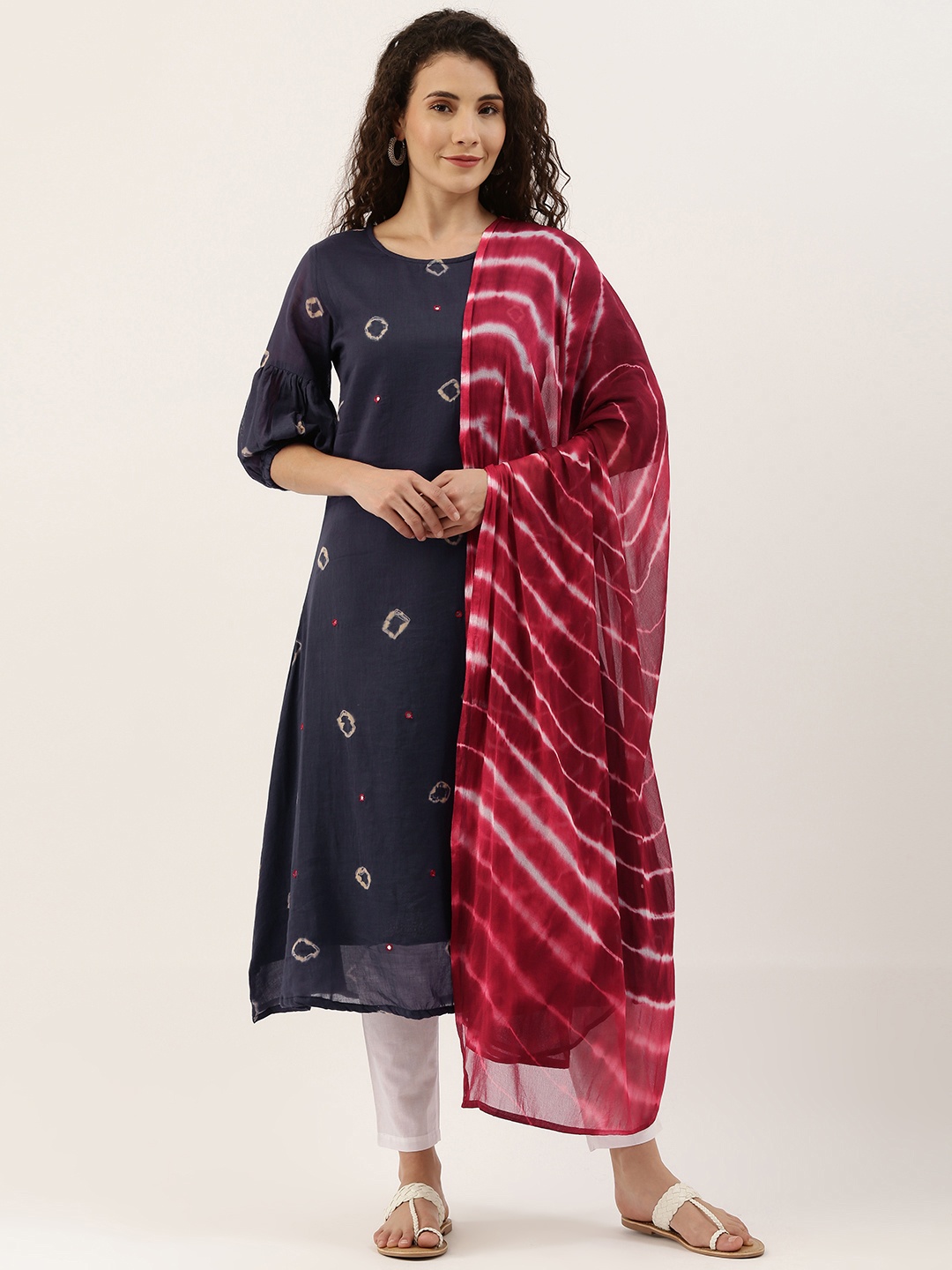 Saanjh Women Navy Blue Dyed Mirror Work Kurta with Trousers & With Dupatta