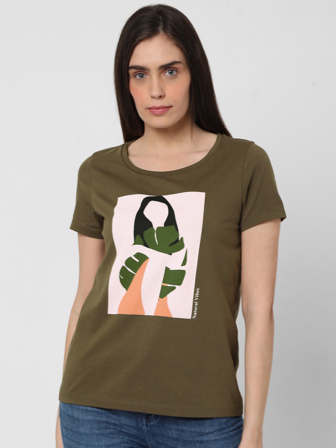 

Vero Moda Women Olive Green Graphic Printed Pure Cotton T-shirt