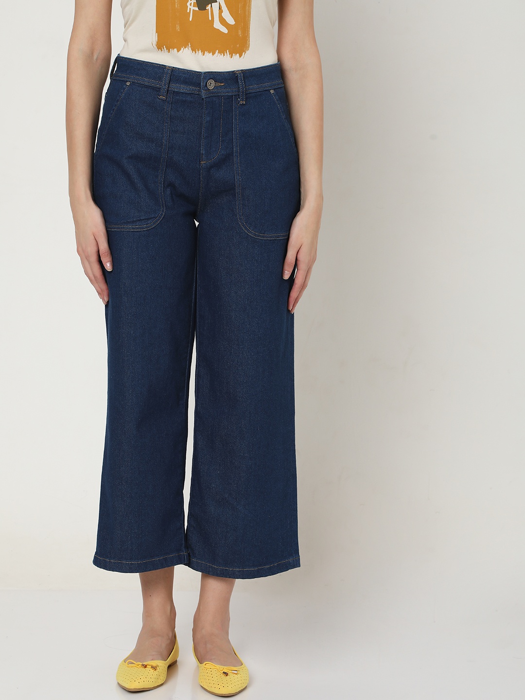 

Vero Moda Women Blue Wide Leg High-Rise Stretchable Cropped Jeans