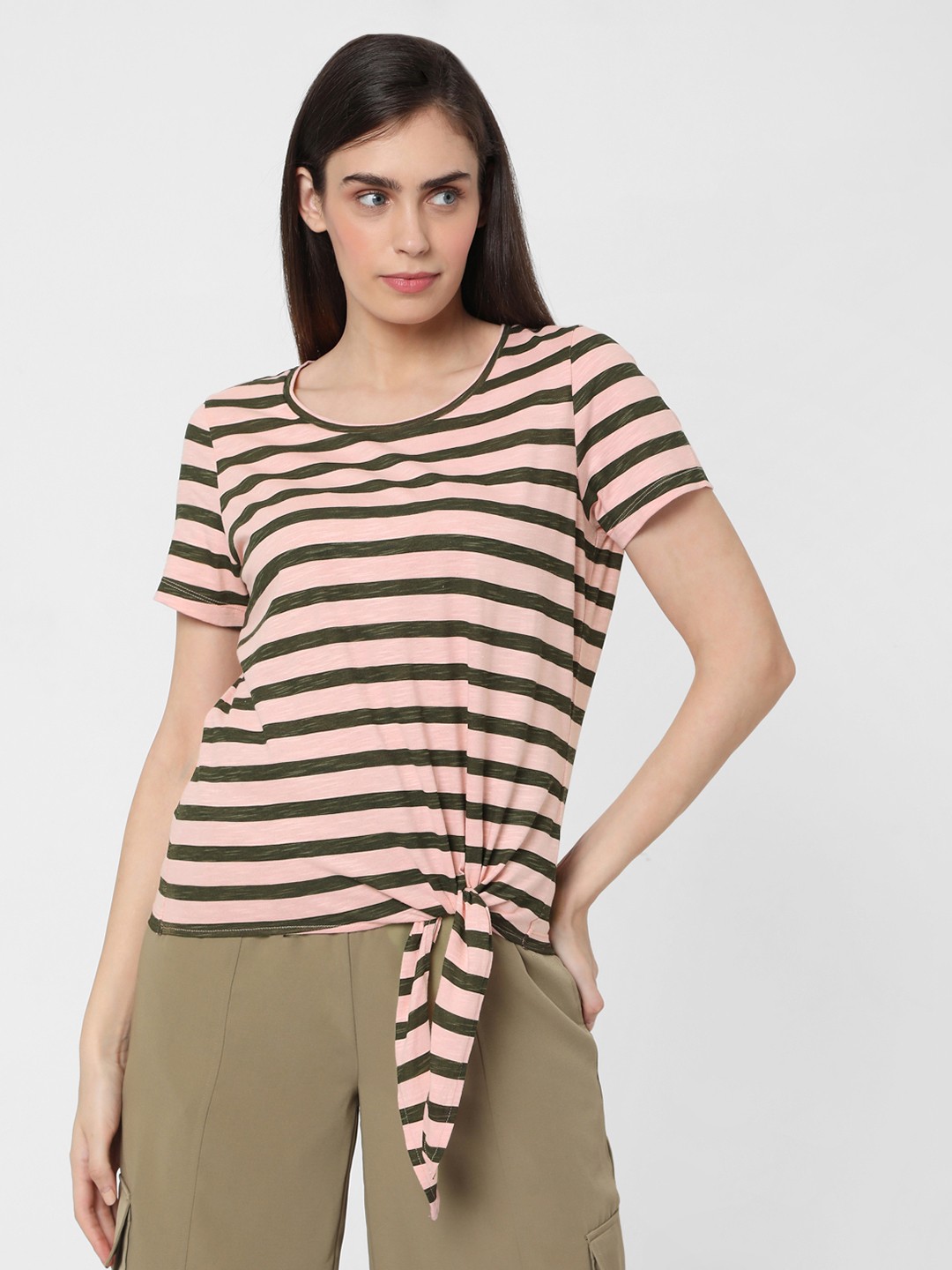 

Vero Moda Women Green Pink Striped Pure Cotton T-shirt
