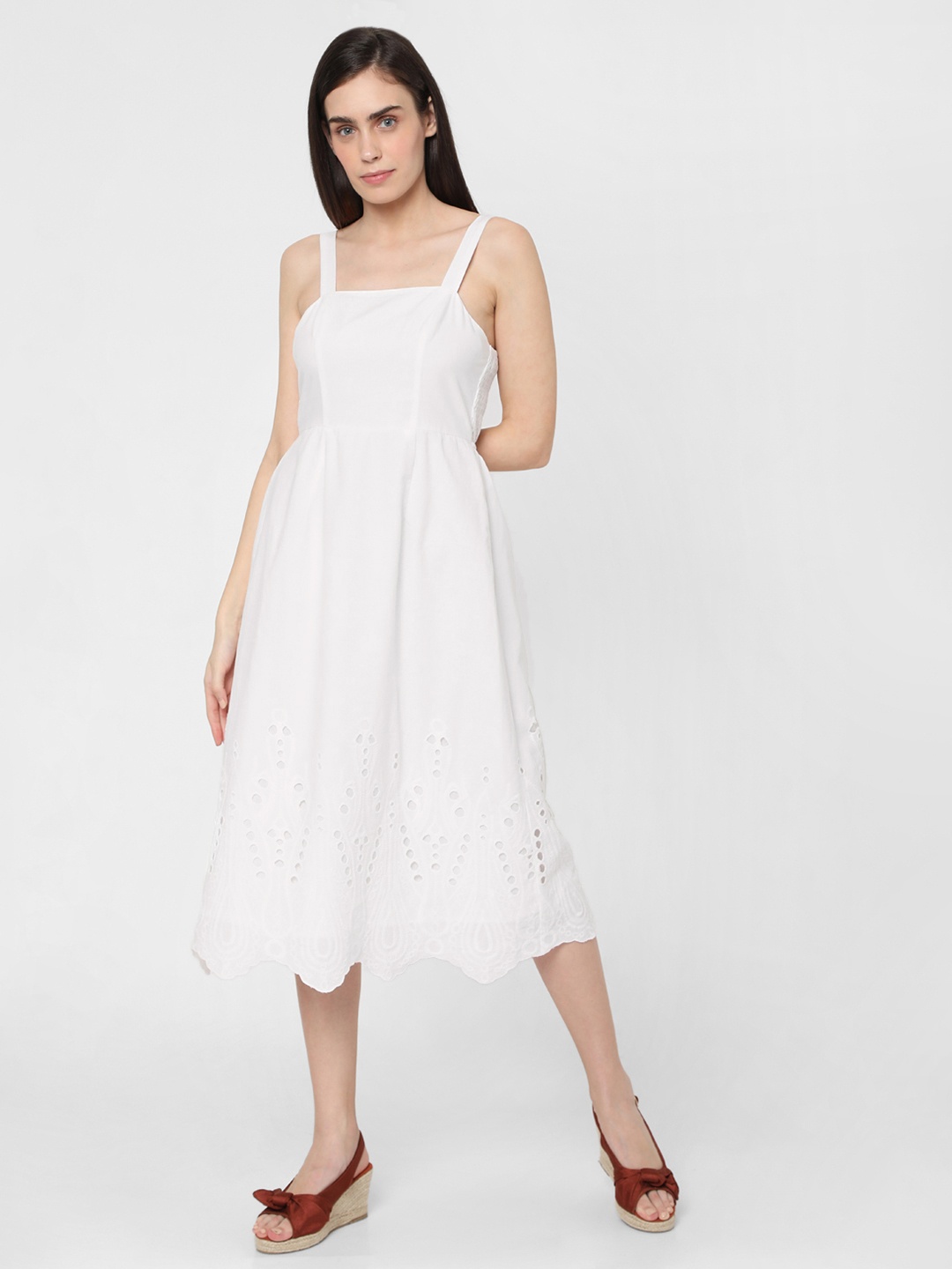 

Vero Moda White Schiffli Embroidered A-Line Midi Dress with Back Tie-Ups Detail