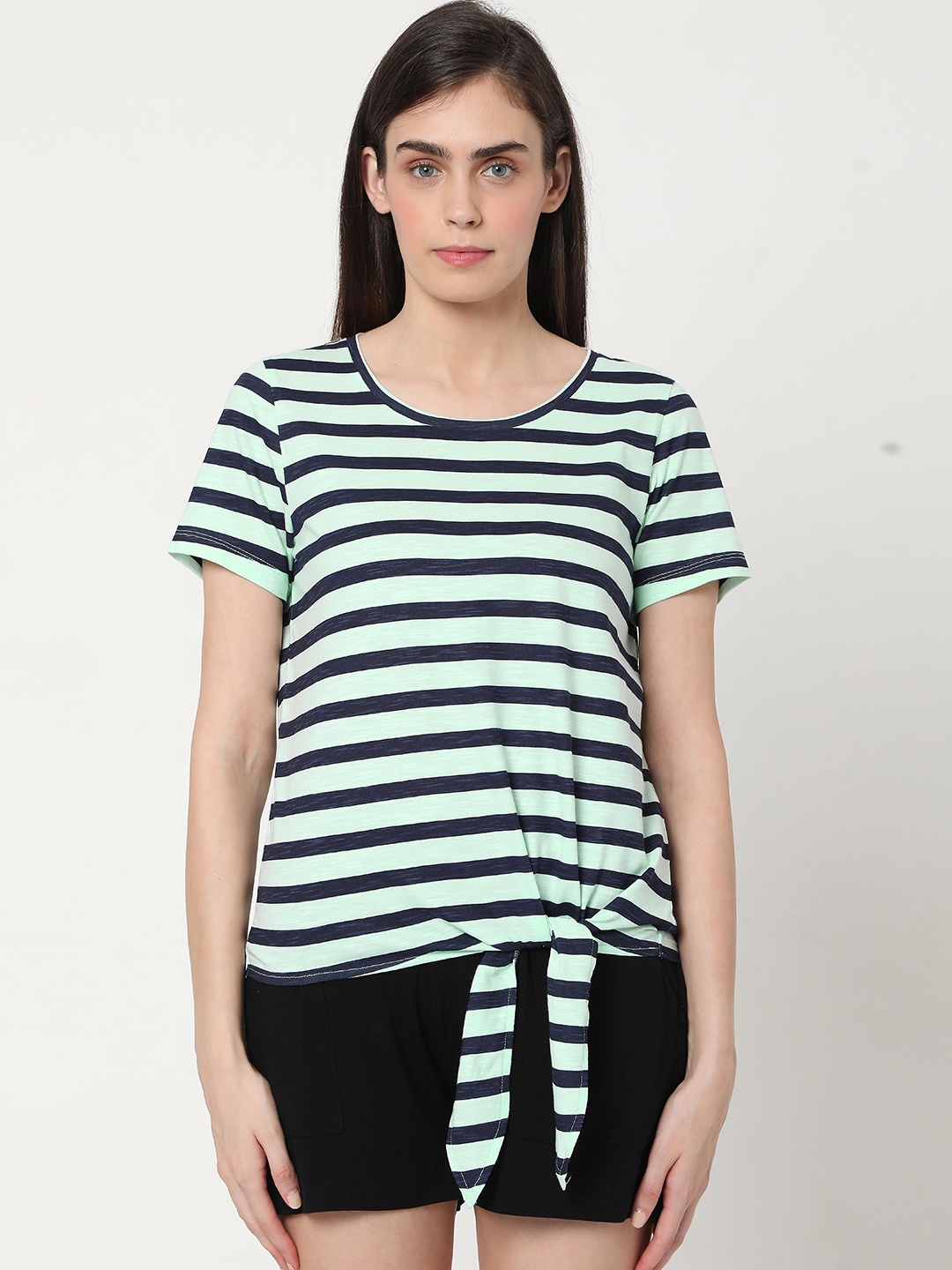 

Vero Moda Women Navy Blue Sea Green Front Knot Striped Pure Cotton T-shirt