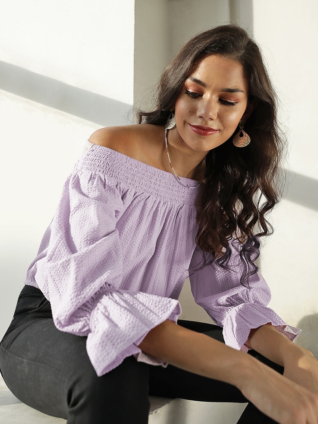 

Vero Moda Lavender Seersucker Off-Shoulder Bell Sleeves Bardot Crop Top