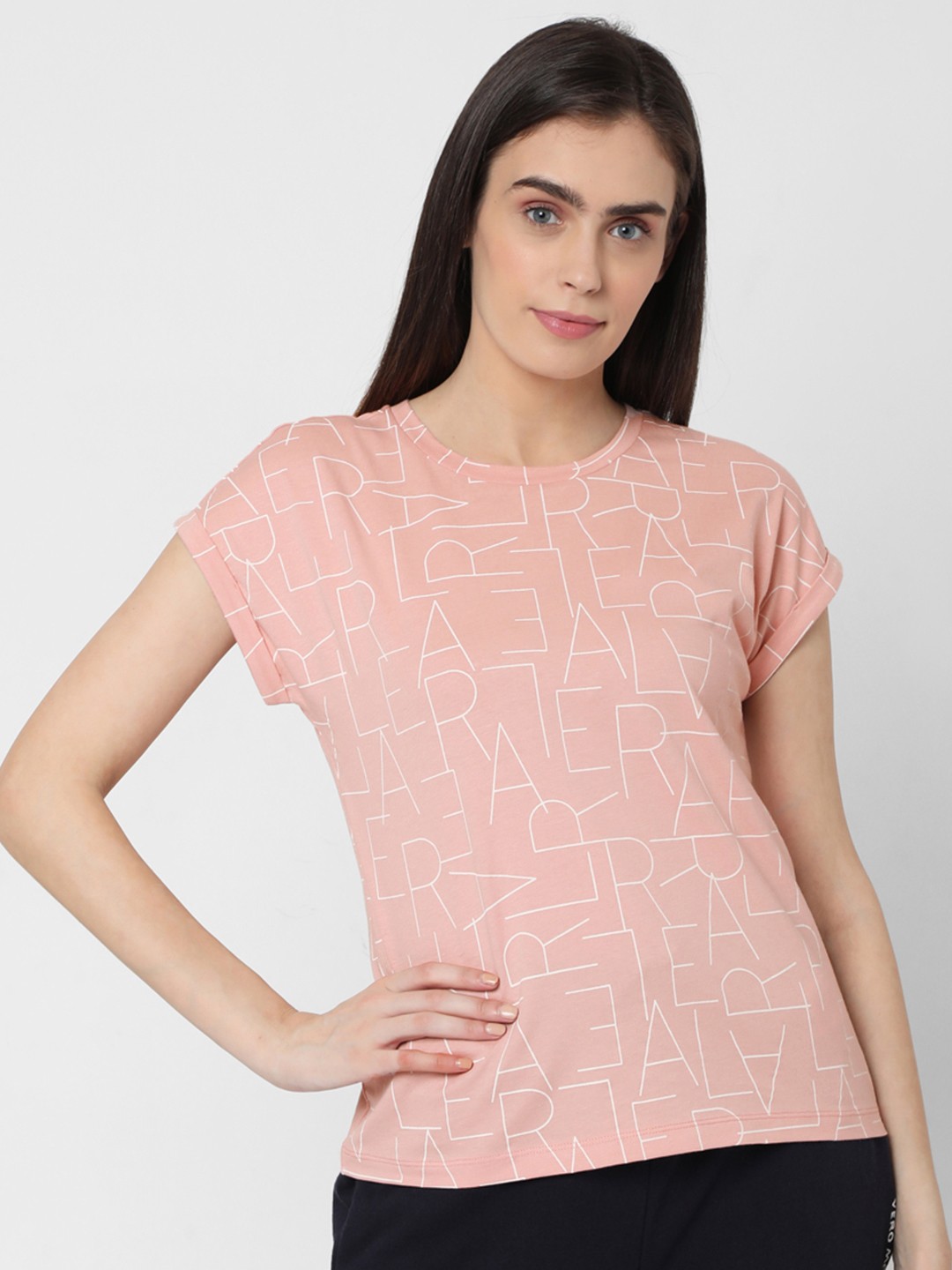 

Vero Moda Women Pink White Typography Printed Extended Sleeves Pure Cotton T-shirt