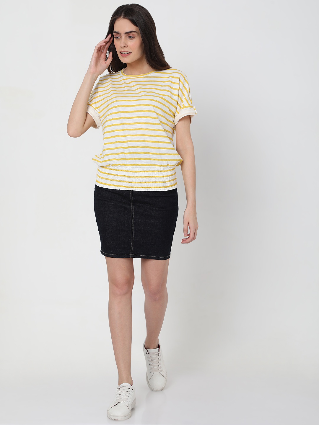 

Vero Moda White & Yellow Pure Cotton Striped Roll-Up Sleeves Blouson Top