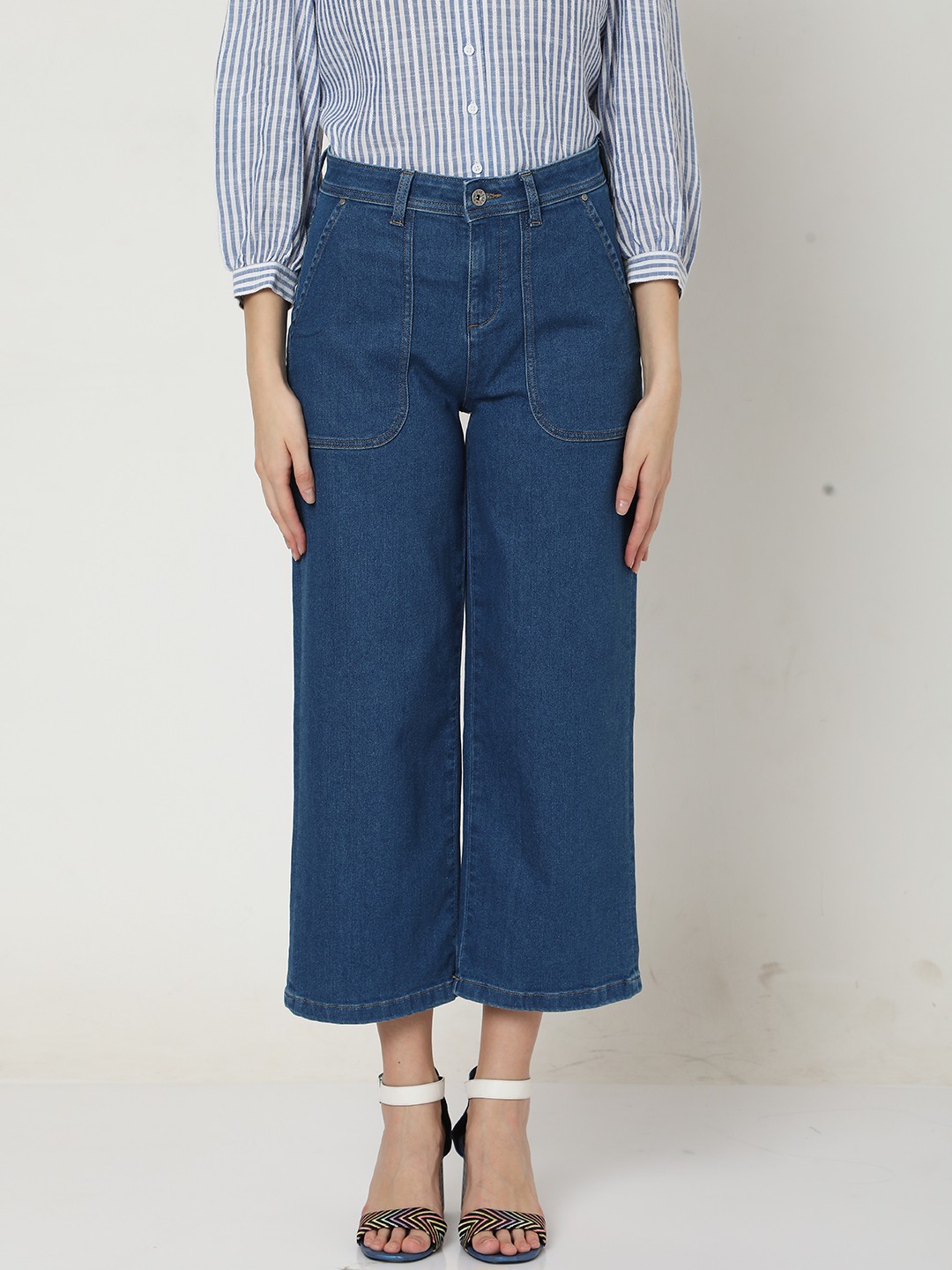

Vero Moda Women Blue Wide Leg High-Rise Stretchable Cropped Jeans