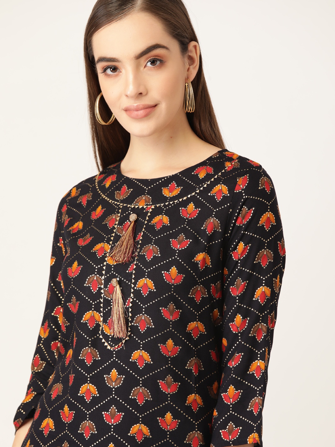 

Anouk Women Navy Blue & Mustard Yellow Ethnic Motifs Printed Gotta Patti Indigo Kurta