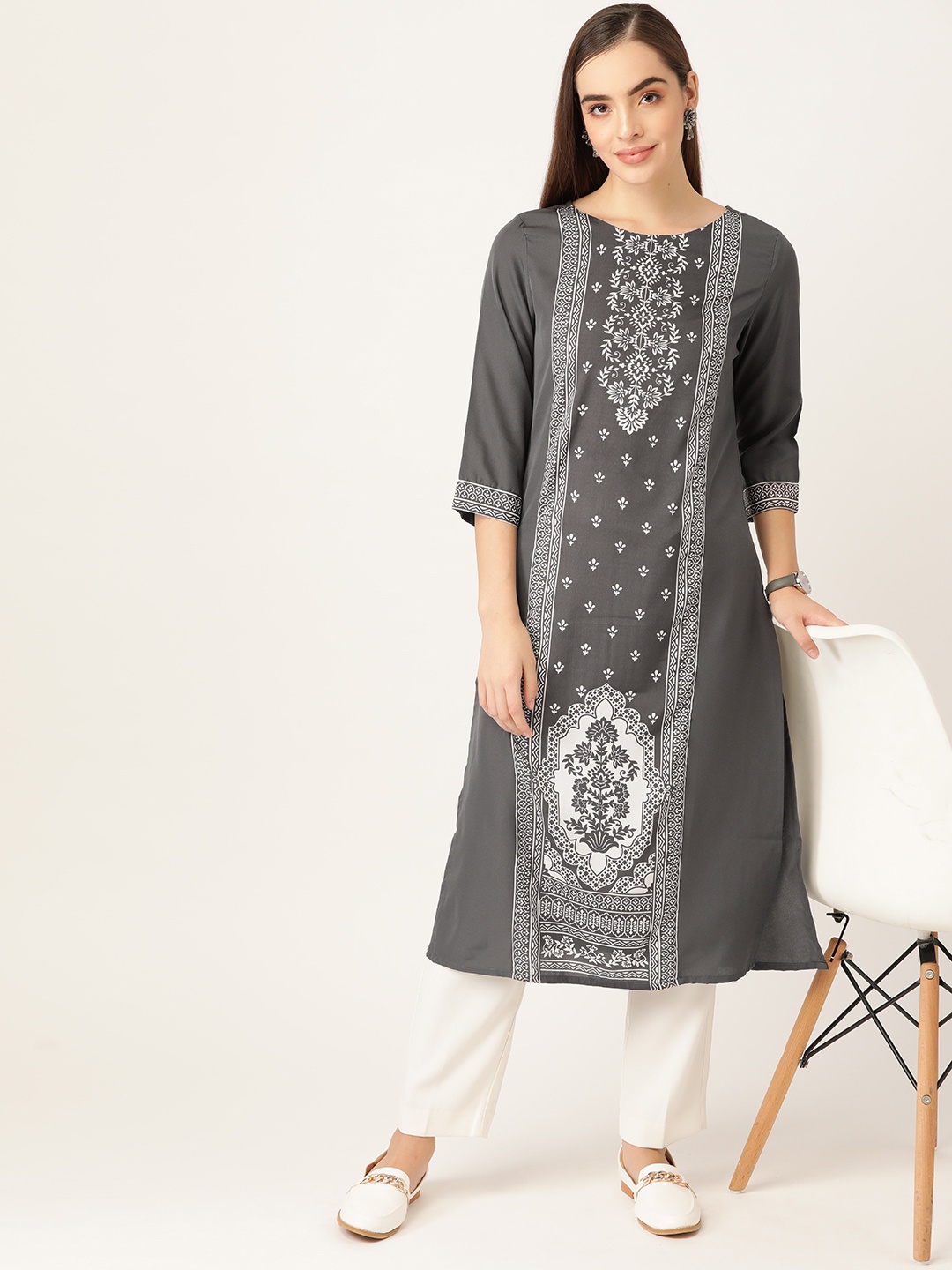 

Anouk Women Grey Melange & White Ethnic Motifs Printed Kurta