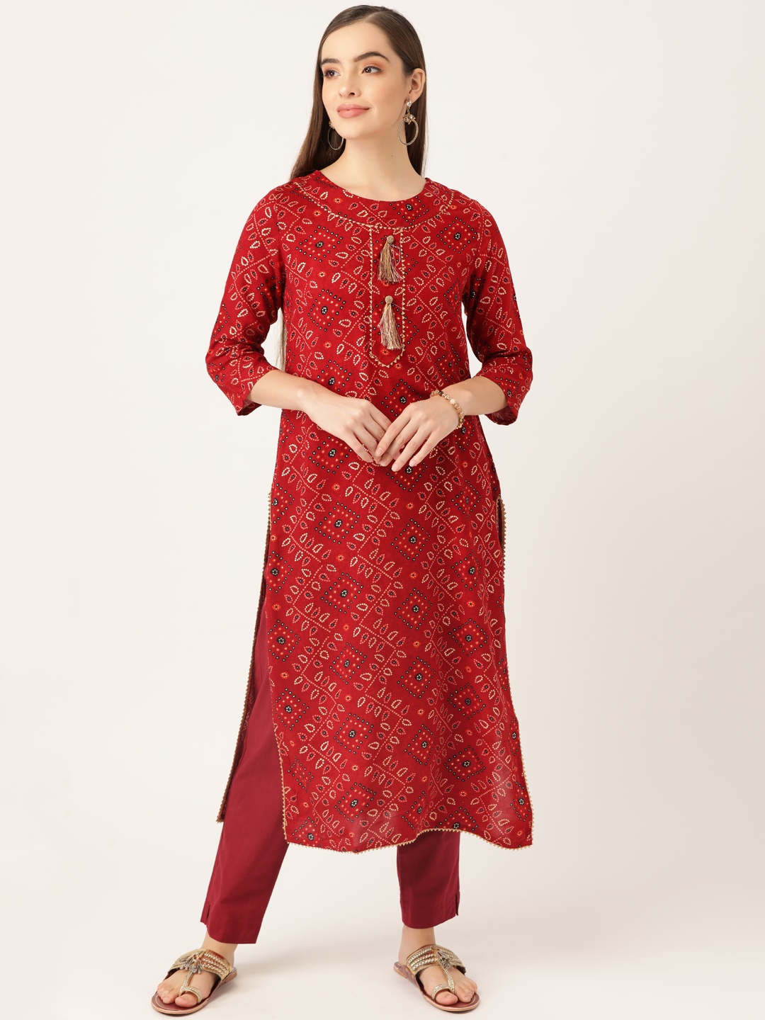 

Anouk Women Maroon & White Bandhani Printed Gotta Patti Kurta