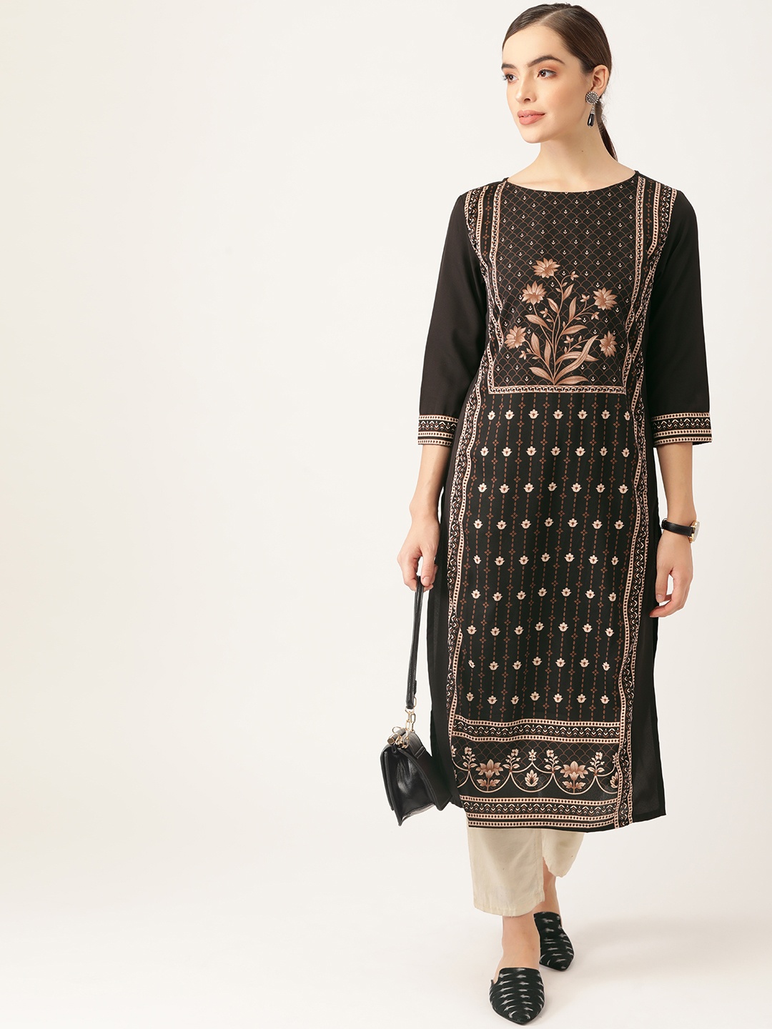 

Anouk Women Black & Peach-Coloured Ethnic Motifs Printed Kurta