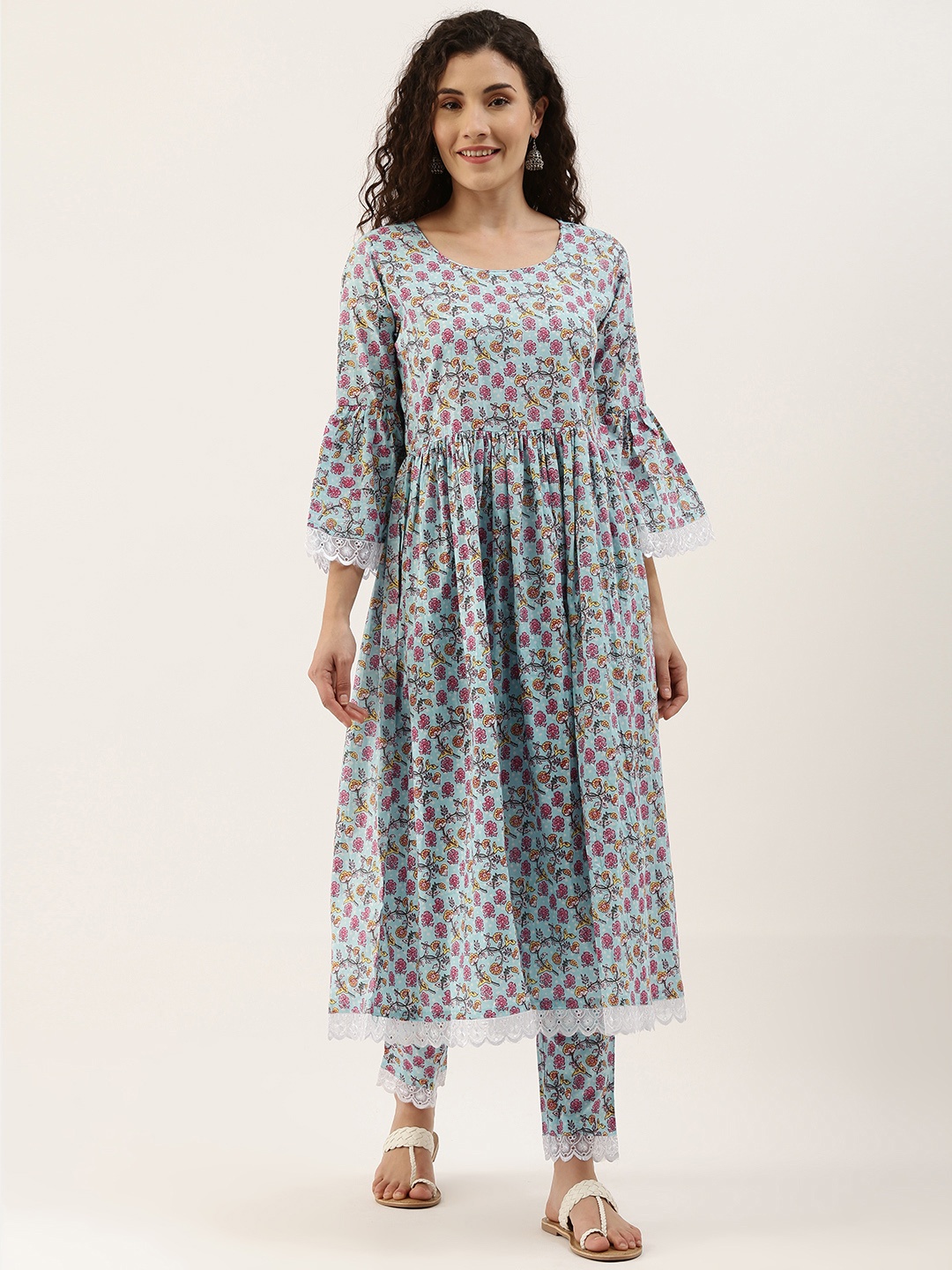 Saanjh Women Blue Floral Printed Pure Cotton Kurta with Trousers