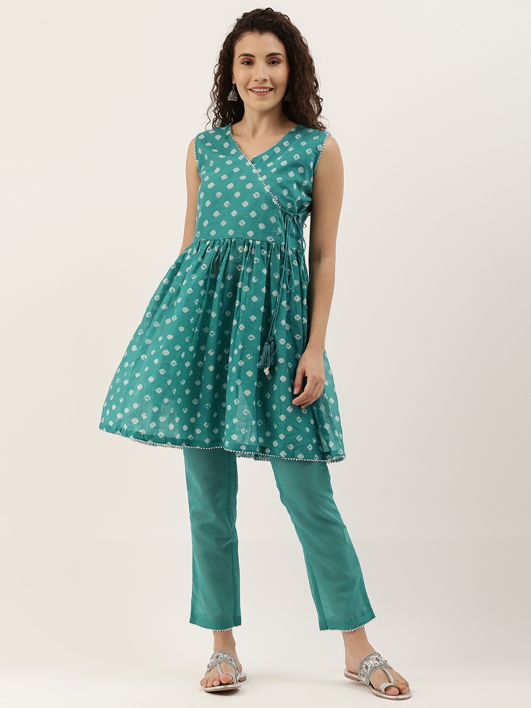 

Saanjh Women Teal Green Bandhani Dyed Angrakha Kurta with Trousers