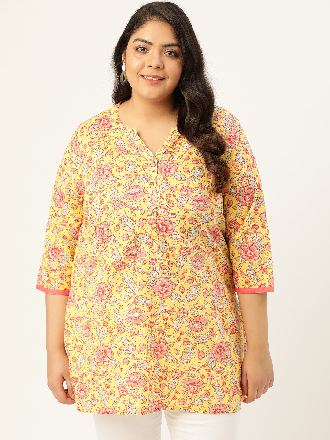 

Sztori Plus Size Yellow & Pink Ethnic Motifs Printed Pure Cotton Kurti